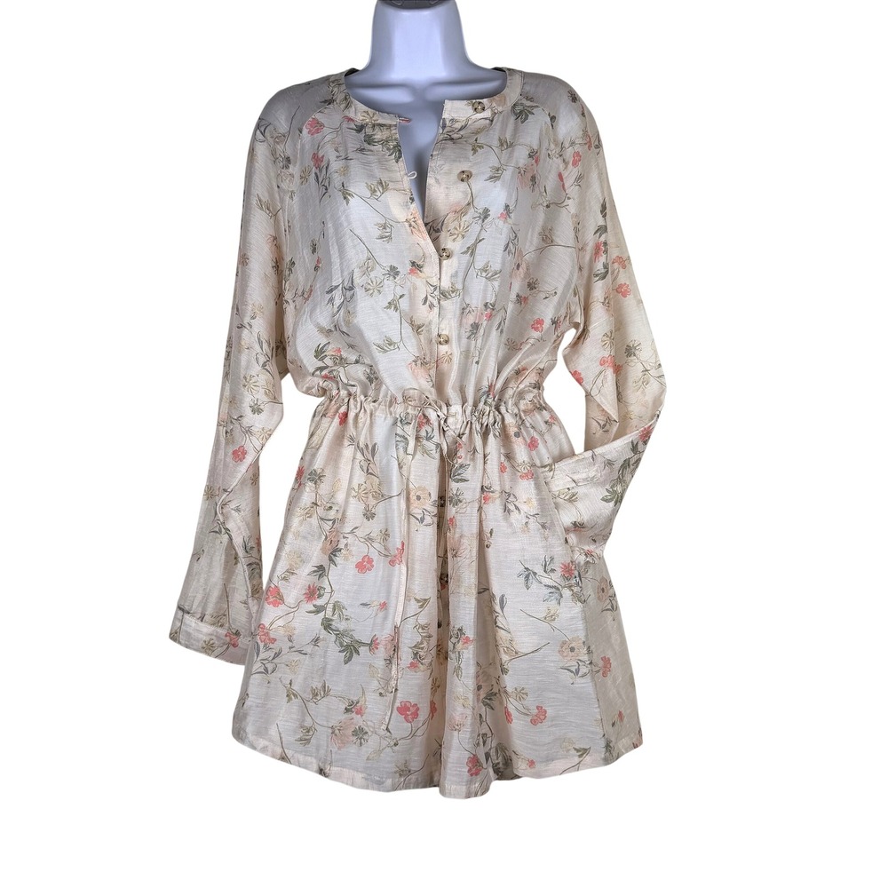 J. Jill Floral Linen Blend Drawstring Waist Tunic Botanical Coastal Sheer Earthy